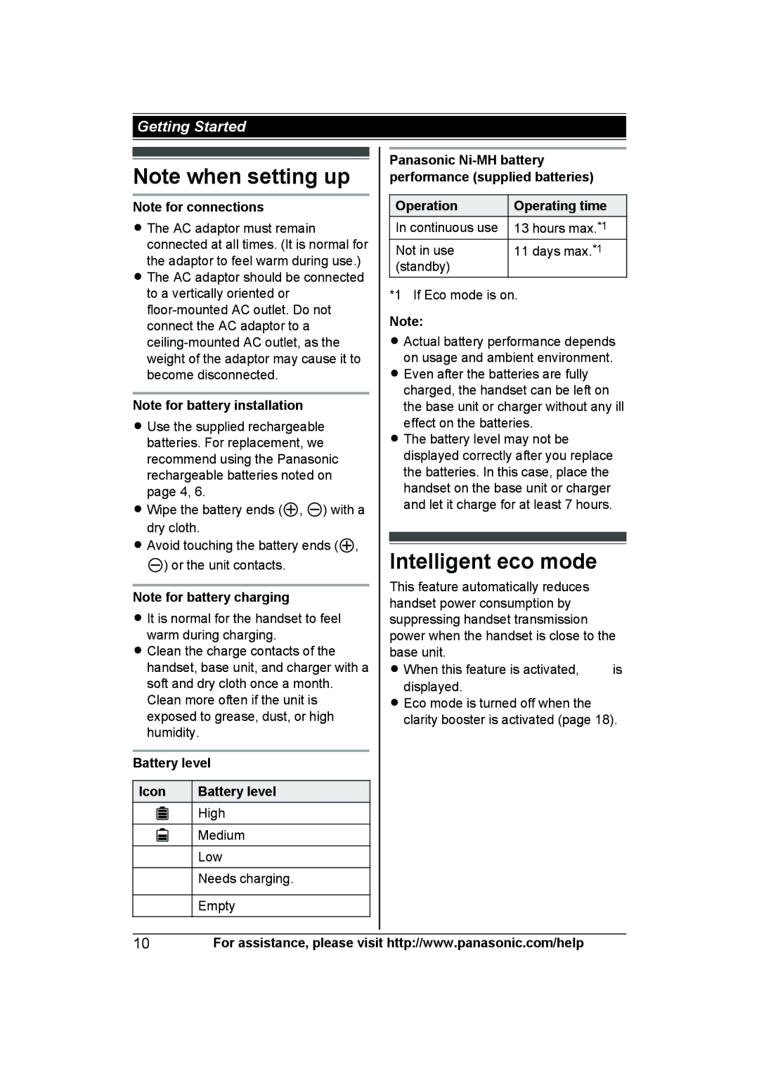 Panasonic KXTG6643B, KX-TG6643, KX-TG6644B Intelligent eco mode, Panasonic Ni-MH battery, Operation, Battery level Icon 