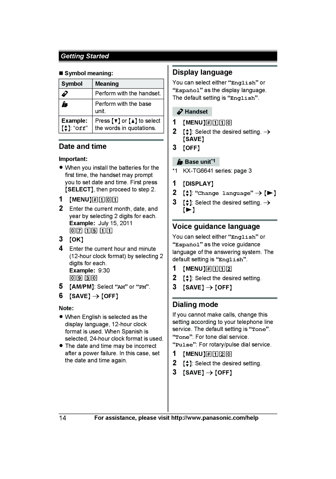 Panasonic KX-TG6643, KX-TG6644B, KX-TG6632, KX-TG6633 Date and time, Display language, Voice guidance language, Dialing mode 