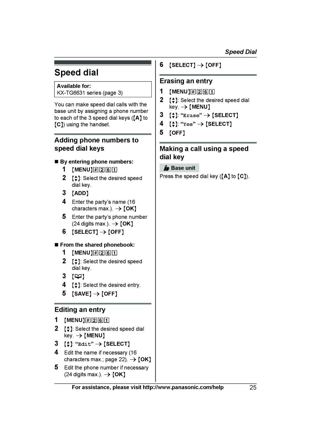 Panasonic KXTG6645B, KX-TG6643, KX-TG6644B, KX-TG6632, KX-TG6633 Speed dial, Erasing an entry, Dial key, Editing an entry 