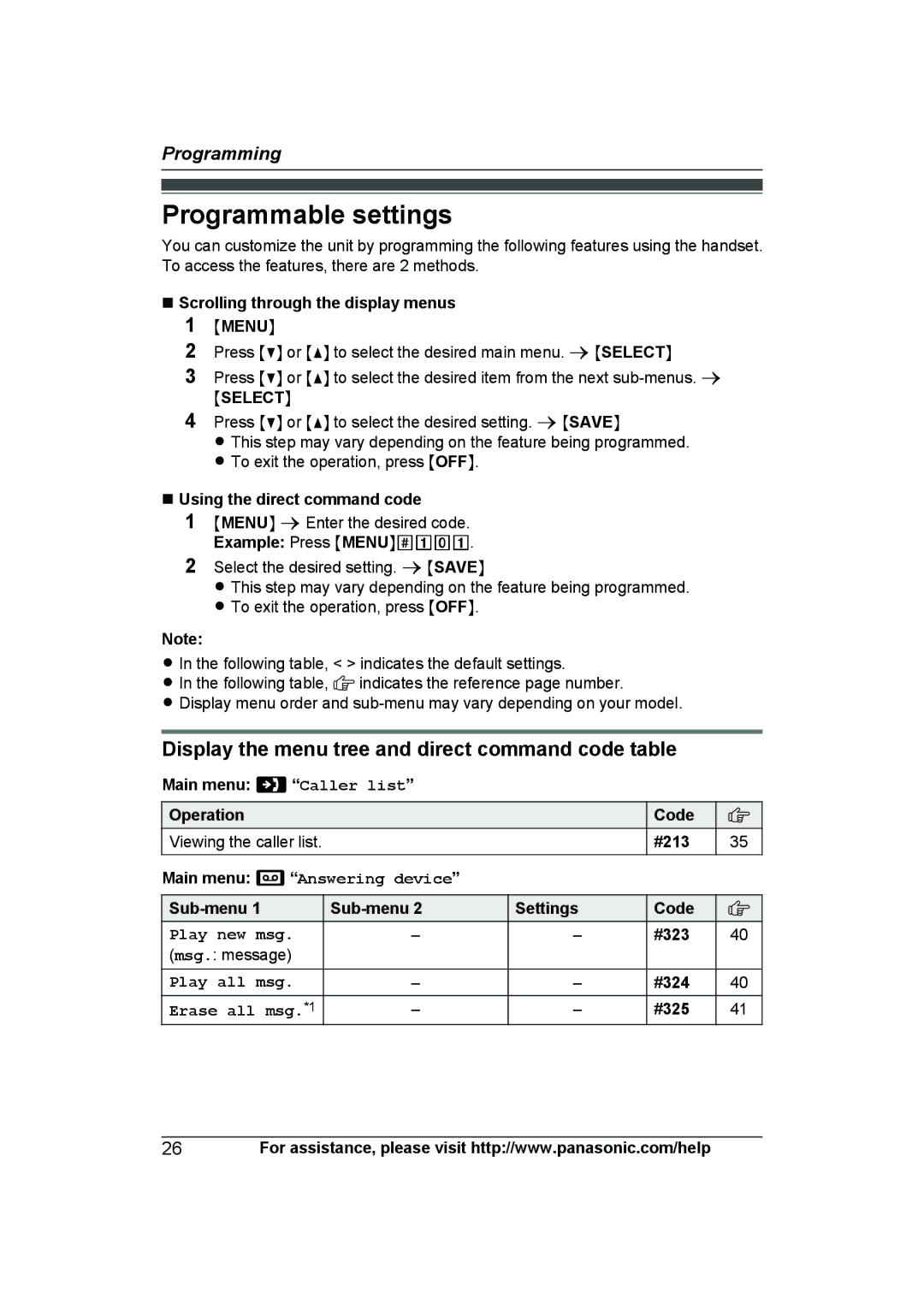 Panasonic KXTG6644B, KX-TG6643 Programmable settings, Display the menu tree and direct command code table, Mmenun 