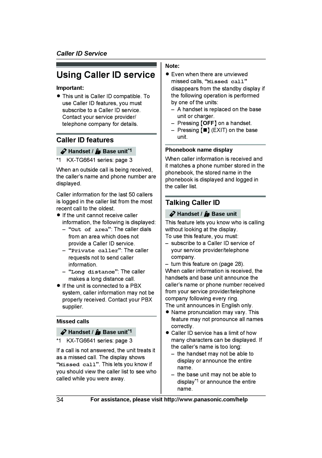 Panasonic KX-TG6645 Using Caller ID service, Caller ID features, Talking Caller ID, Missed calls Handset / Base unit*1 