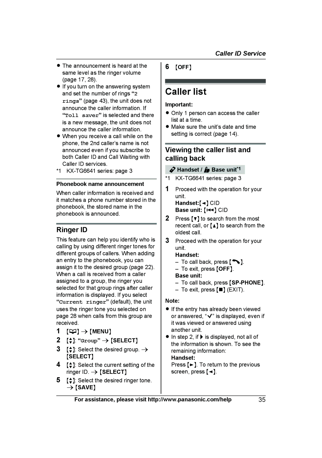 Panasonic KX-TG6645B Caller list, Ringer ID, Viewing the caller list and calling back, Phonebook name announcement 