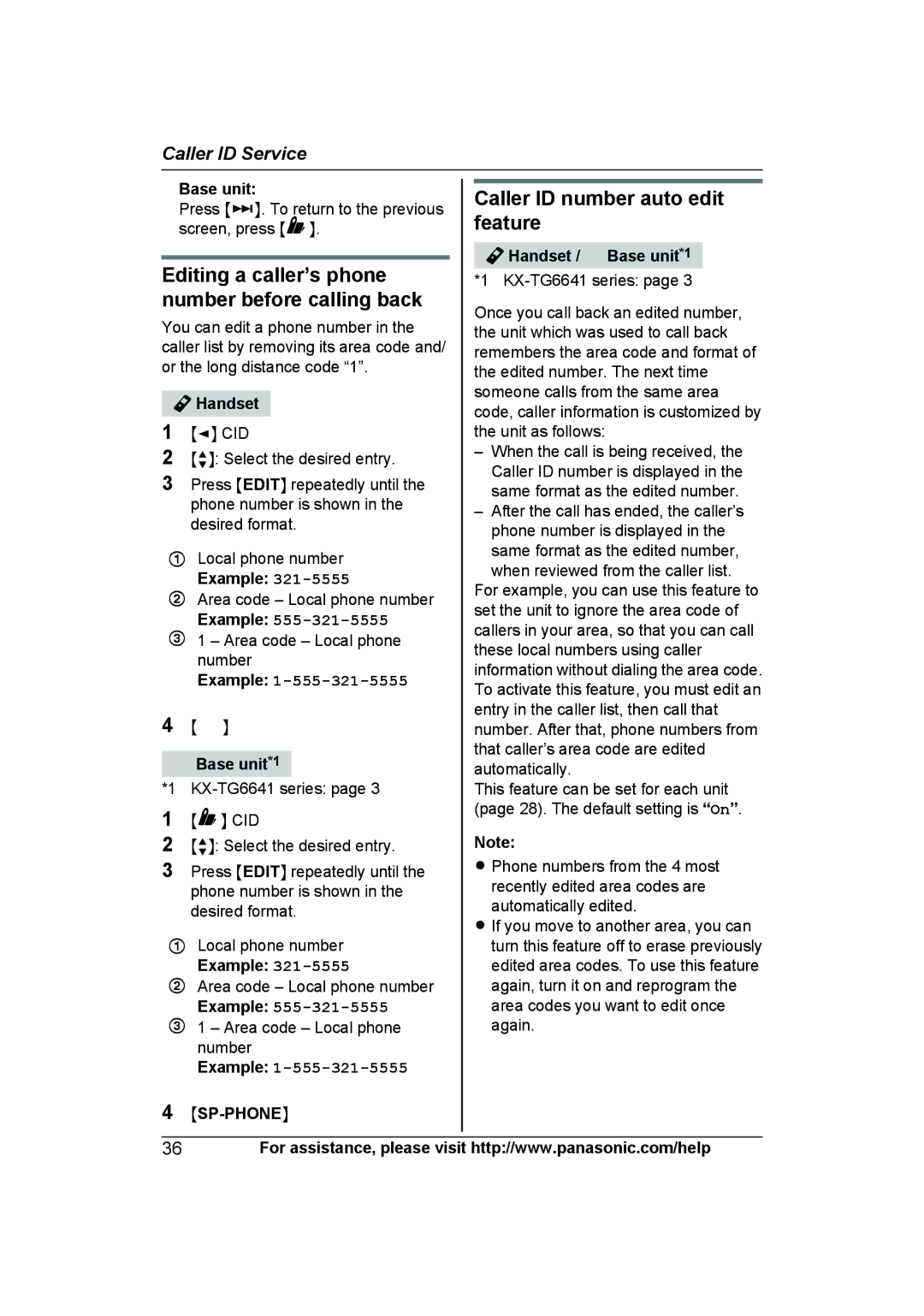 Panasonic KX-TG6643B, KX-TG6644B Caller ID number auto edit, Feature, Editing a caller’s phone, Number before calling back 