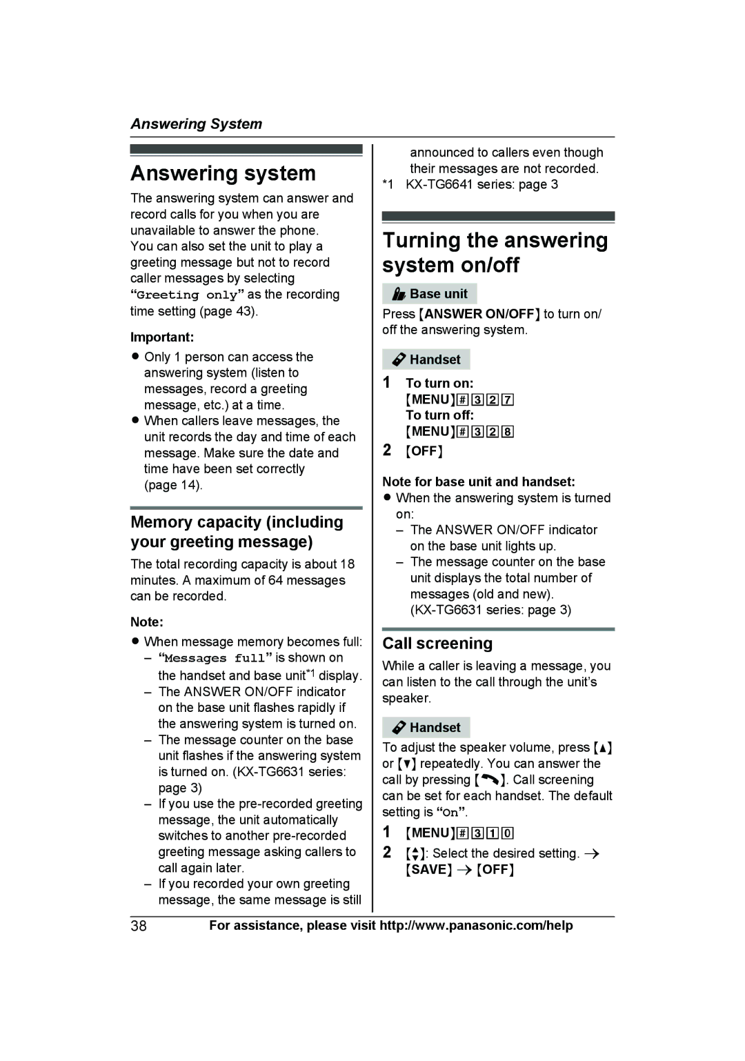 Panasonic KXTG6643B Answering system, Turning the answering system on/off, Memory capacity including your greeting message 