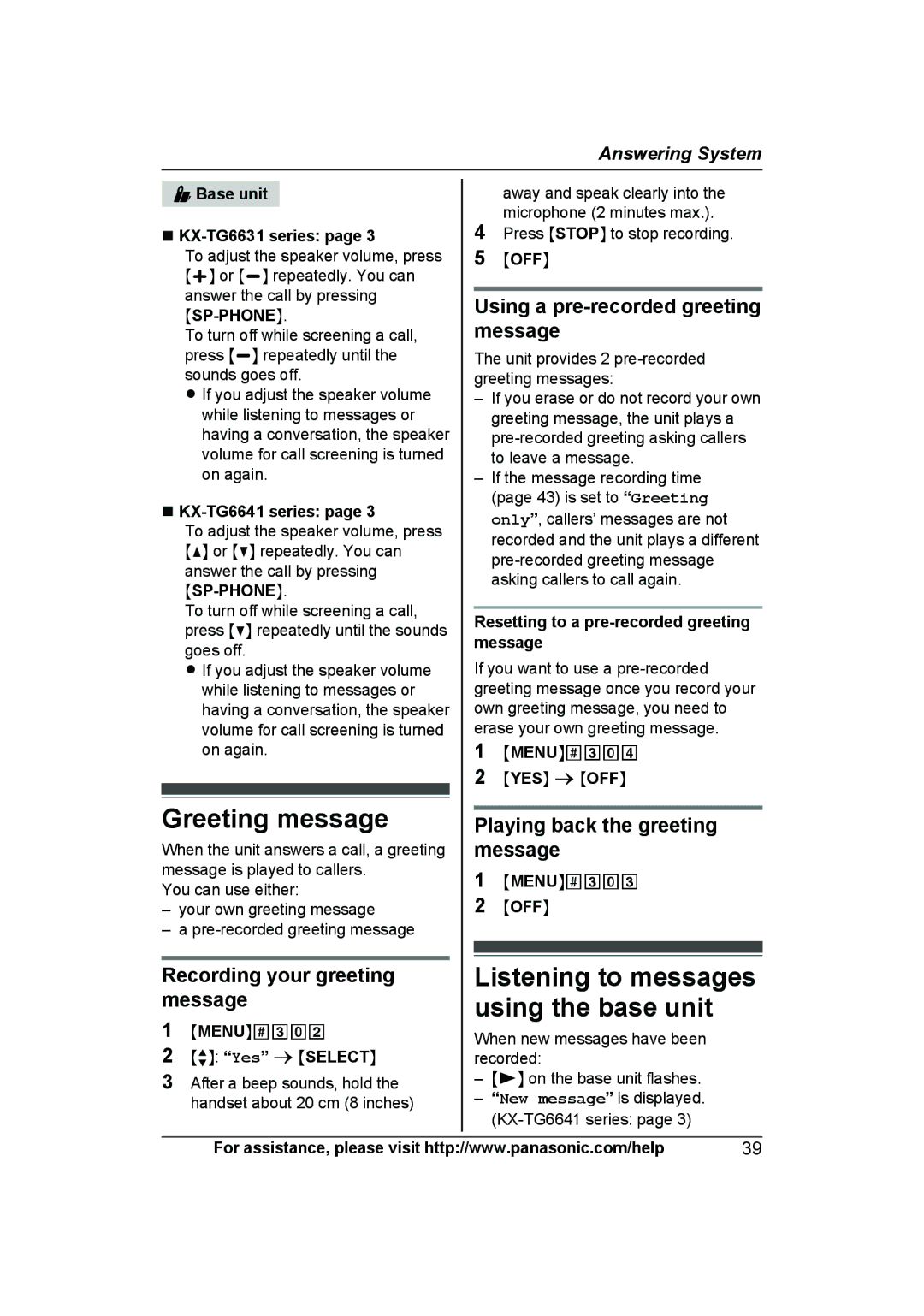 Panasonic KXTG6645B Greeting message, Listening to messages using the base unit, Recording your greeting message 