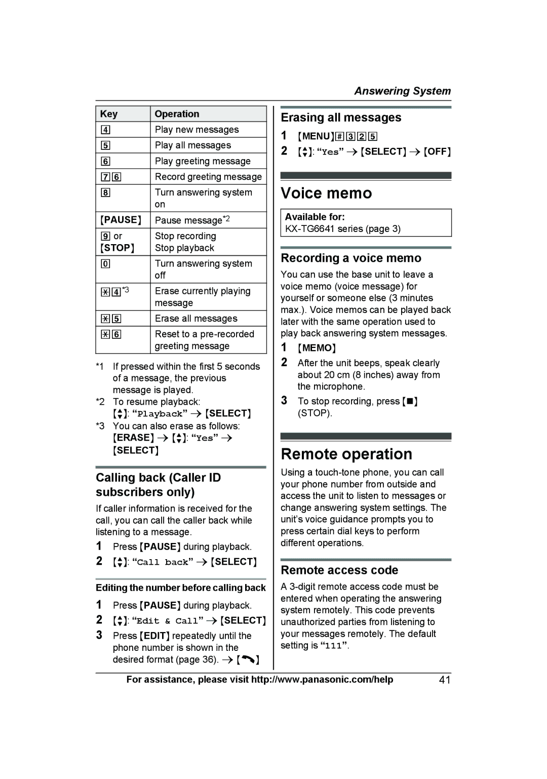 Panasonic KXTG6641B, KX-TG6643, KX-TG6644B Voice memo, Remote operation, Recording a voice memo, Remote access code 