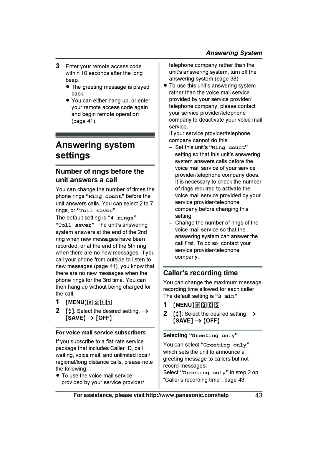 Panasonic KX-TG6644B Answering system settings, Number of rings before the unit answers a call, Caller’s recording time 