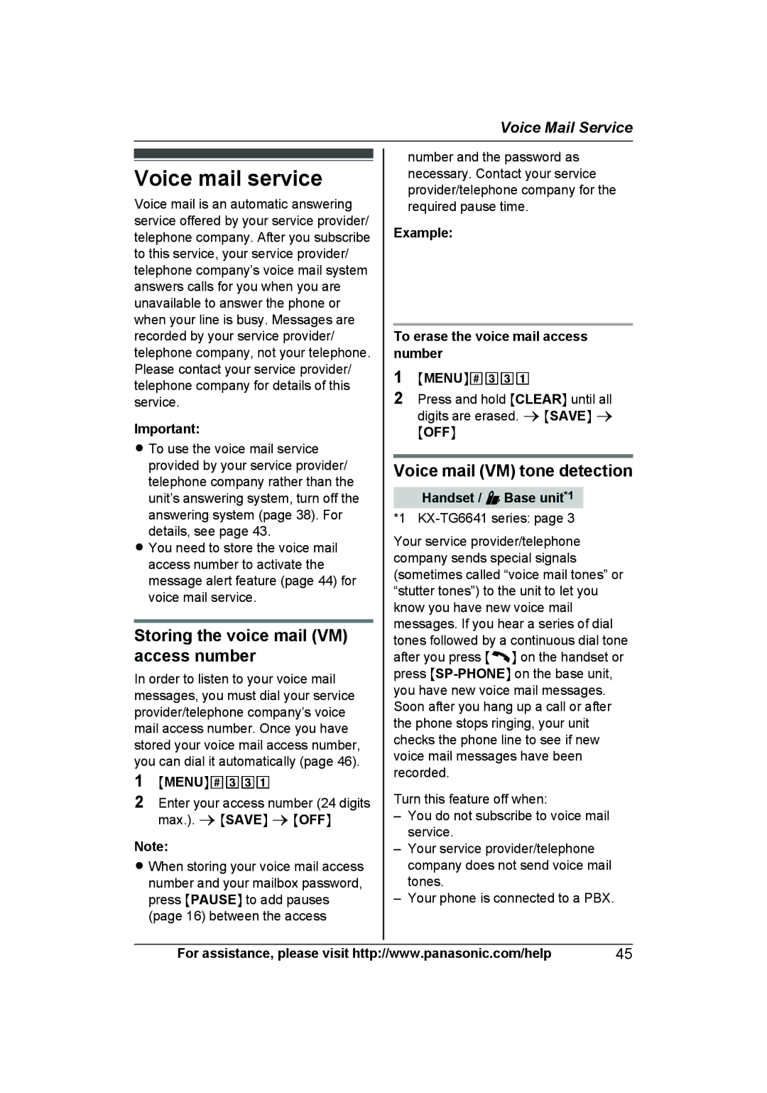 Panasonic KX-TG6632, KX-TG6643 Voice mail service, Storing the voice mail VM access number, Voice mail VM tone detection 