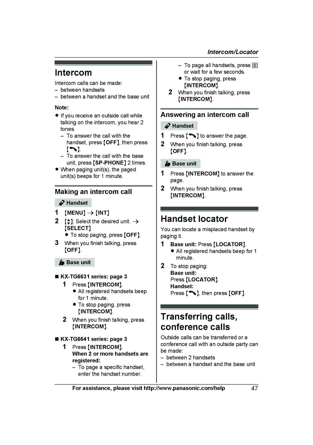 Panasonic KX-TG6641, KX-TG6643 Intercom, Handset locator, Transferring calls, conference calls, Making an intercom call 