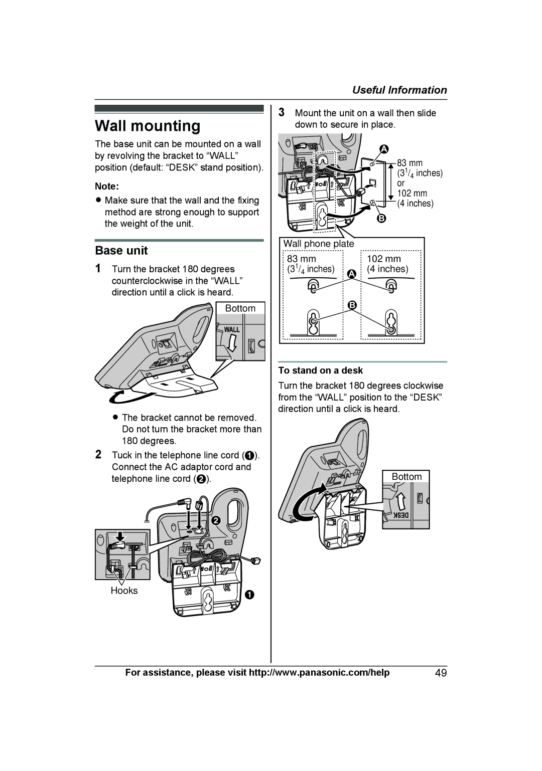 Panasonic KX-TG6645B, KX-TG6643, KX-TG6644B, KX-TG6632, KX-TG6633, KX-TG6641 Wall mounting, Hooks, To stand on a desk 