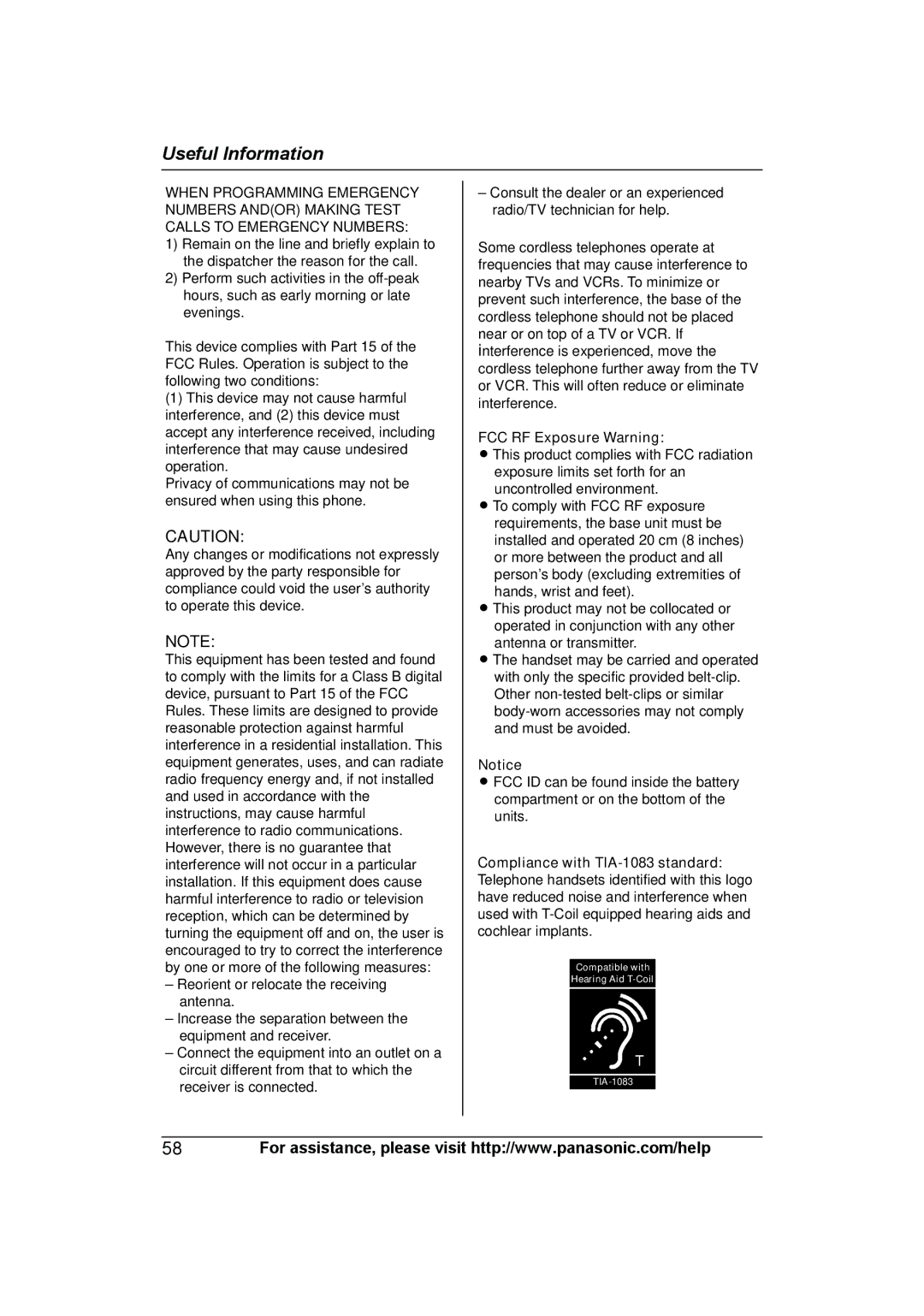 Panasonic KX-TG6644B, KX-TG6632, KX-TG6633, KX-TG6645B, KX-TG6643B, KX-TG6641B, KXTG6643B FCC RF Exposure Warning 