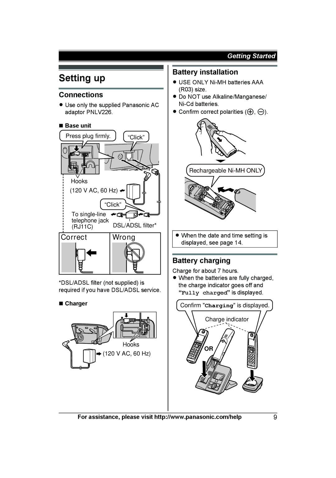 Panasonic KX-TG6641B, KX-TG6643, KX-TG6644B Setting up, Connections, Correct Wrong, Battery installation, Battery charging 