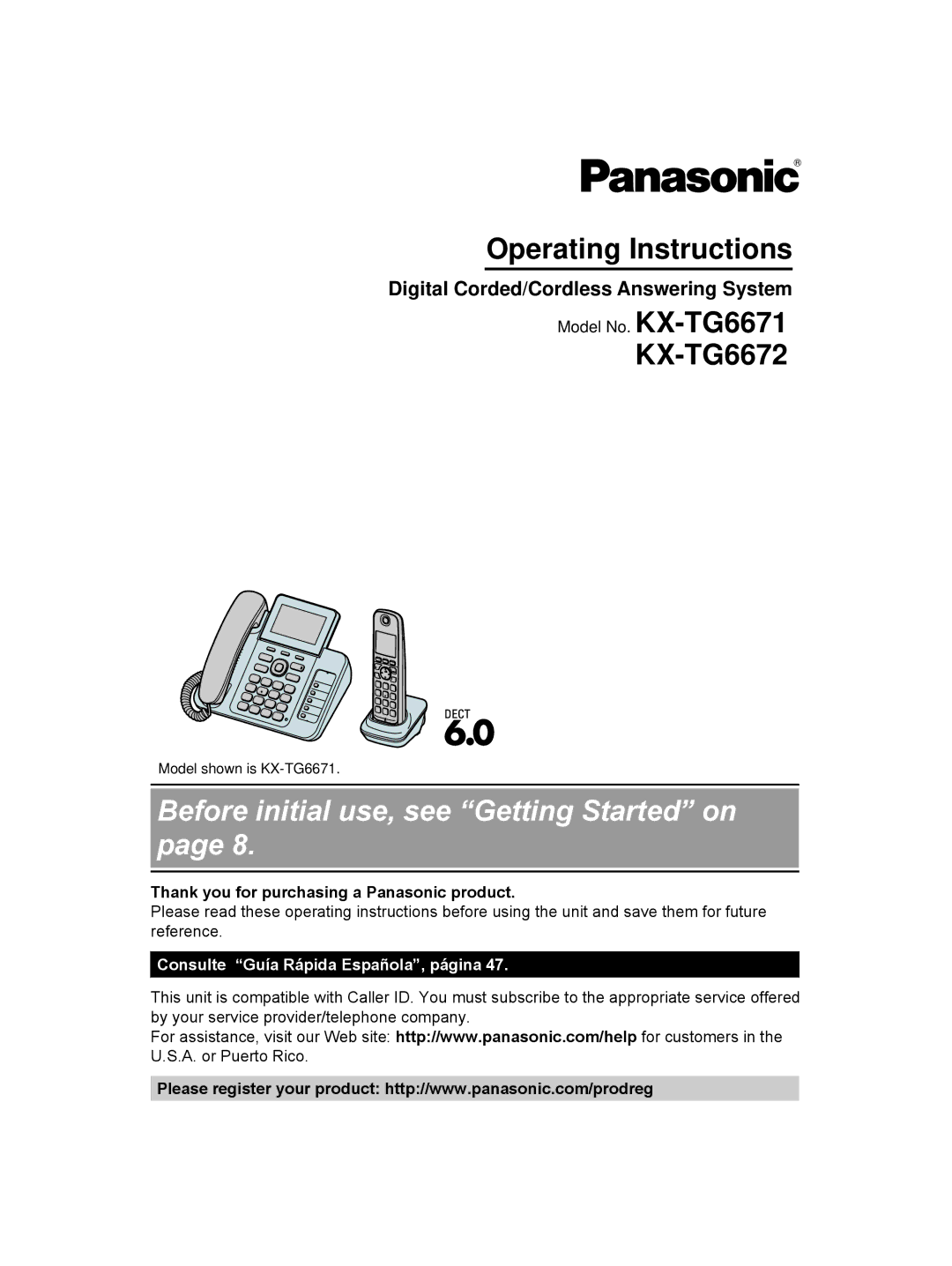 Panasonic KX-TG6672B, KX-TG6671, KXTG6672B, KXTG6671B operating instructions Before initial use, see Getting Started on 