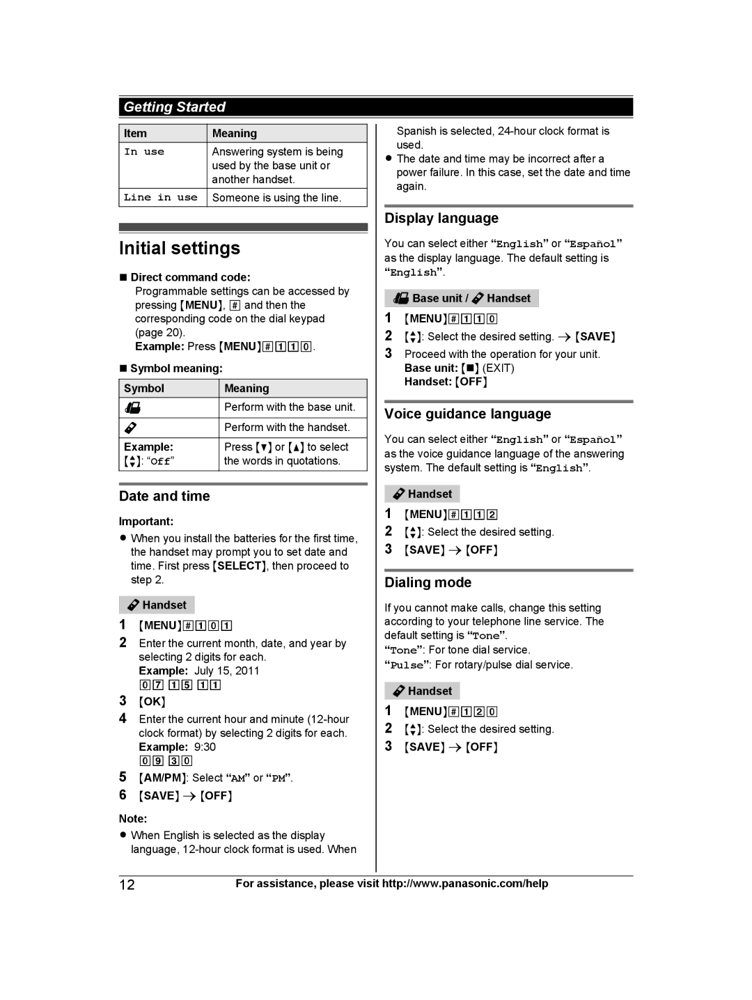 Panasonic KX-TG6671, KX-TG6672B, KXTG6672B, KXTG6671B Initial settings, Date and time, Dialing mode, Use 