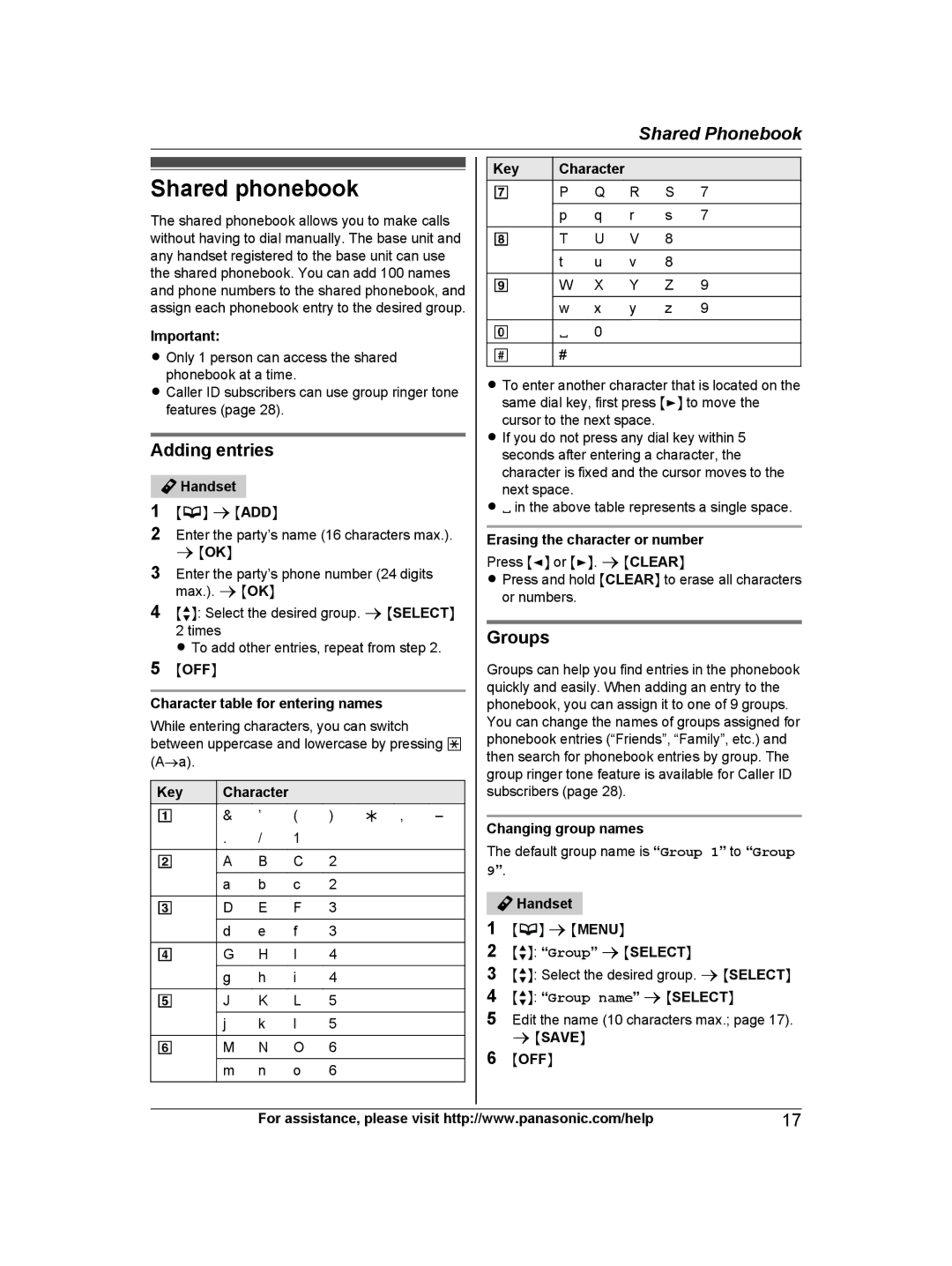 Panasonic KX-TG6671, KX-TG6672B, KXTG6672B, KXTG6671B operating instructions Shared phonebook, Adding entries, Groups, Moffn 