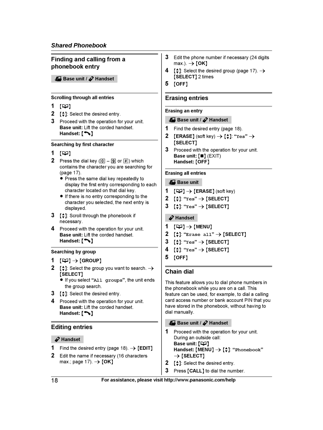 Panasonic KXTG6672B Finding and calling from a phonebook entry, Editing entries, Erasing entries, Chain dial, Mselectn 