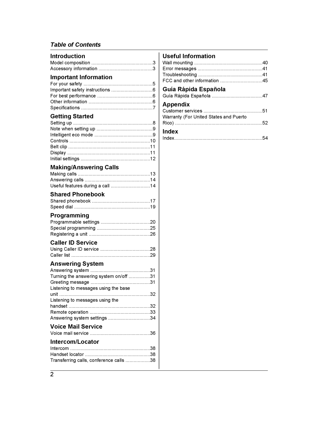 Panasonic KX-TG6671, KX-TG6672B, KXTG6672B, KXTG6671B operating instructions Table of Contents 