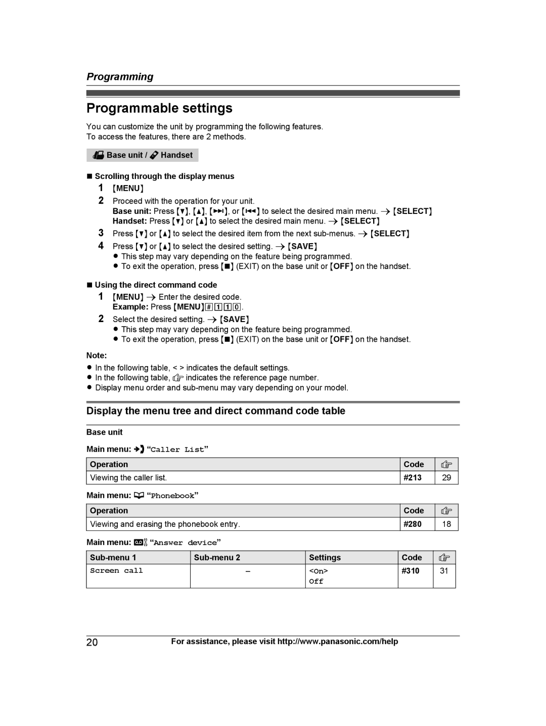 Panasonic KX-TG6672B Programmable settings, Display the menu tree and direct command code table, Phonebook, Screen call 