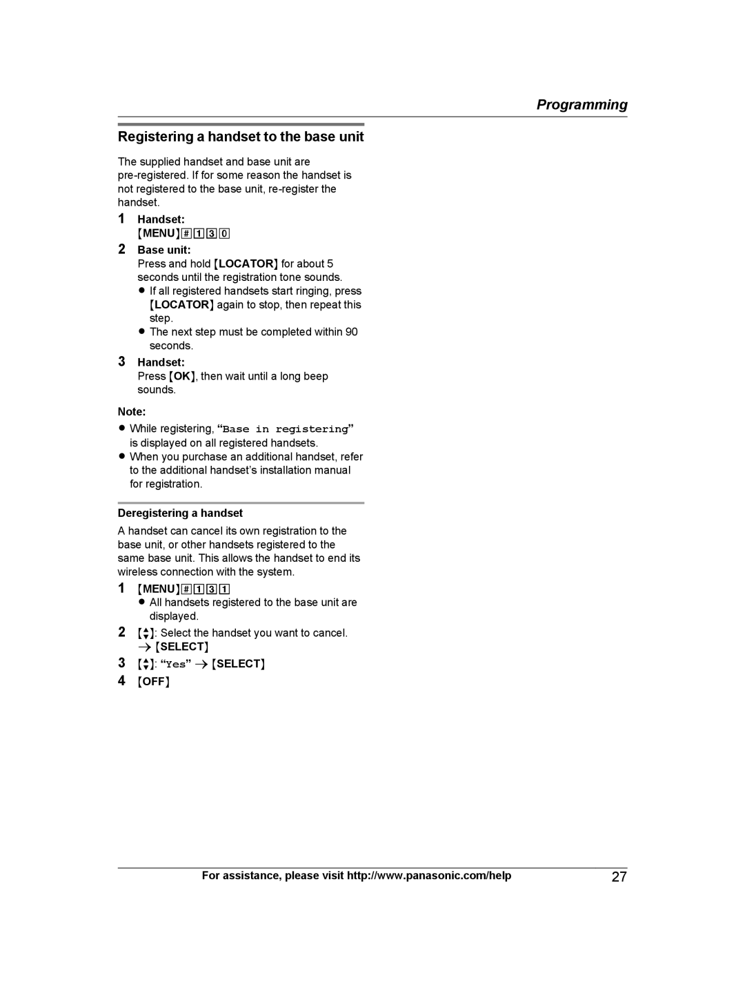 Panasonic KX-TG6671, KX-TG6672B, KXTG6672B, KXTG6671B Registering a handset to the base unit, Deregistering a handset 