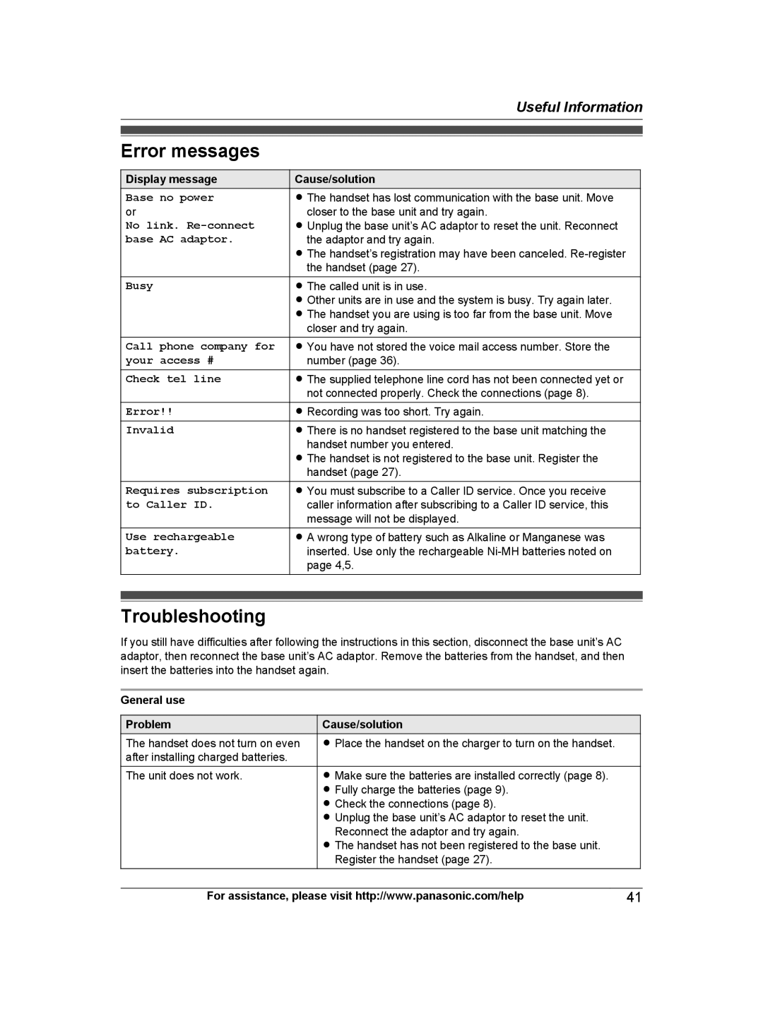 Panasonic KX-TG6672B, KX-TG6671, KXTG6672B, KXTG6671B operating instructions Error messages, Troubleshooting, Base no power 