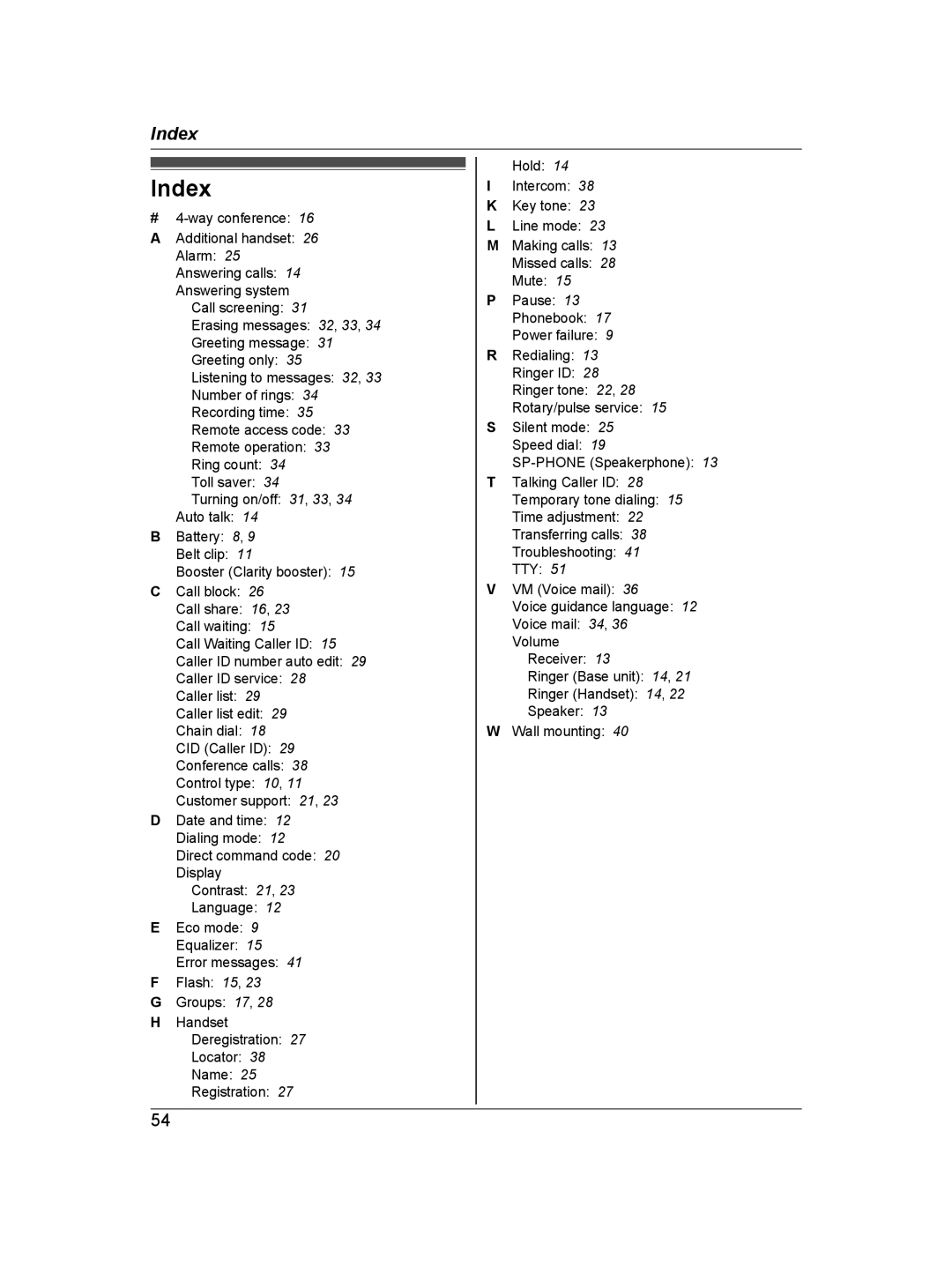 Panasonic KXTG6671B, KX-TG6672B, KX-TG6671, KXTG6672B operating instructions Index 