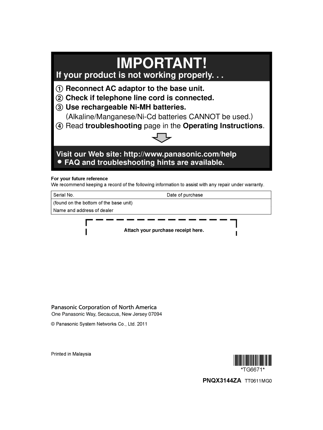 Panasonic KX-TG6672B, KX-TG6671, KXTG6672B, KXTG6671B PNQX3144ZA TT0611MG0, For your future reference 