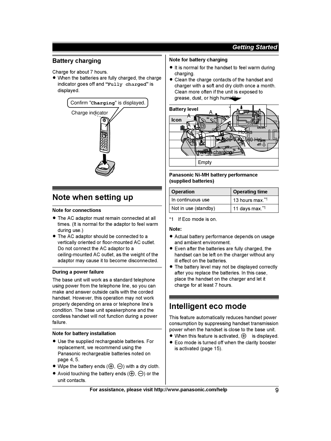 Panasonic KXTG6671B, KX-TG6672B, KX-TG6671, KXTG6672B operating instructions Intelligent eco mode, Battery charging 