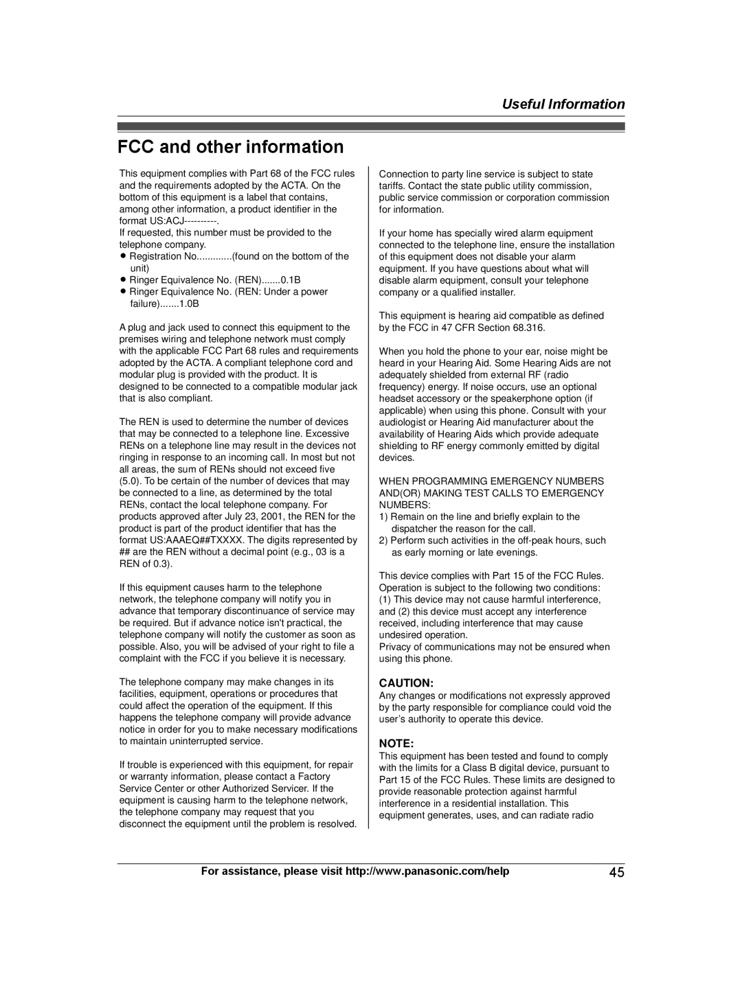 Panasonic KX-TG6672B, KX-TG6671, KXTG6672B, KXTG6671B operating instructions FCC and other information, Useful Information 