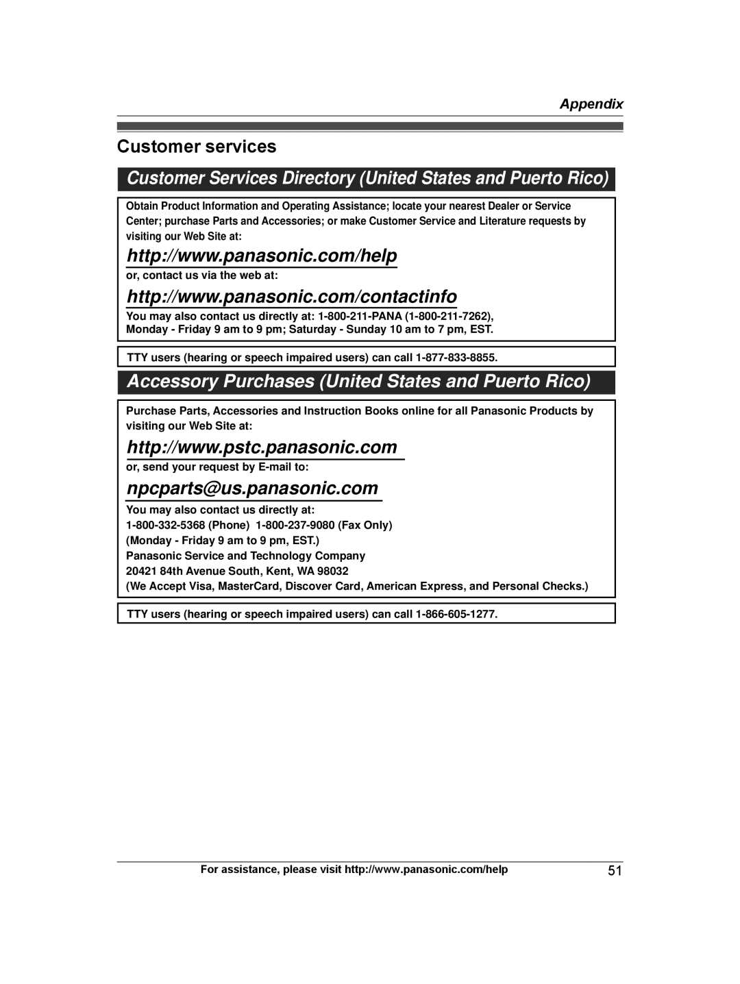 Panasonic KX-TG6672B, KX-TG6671 Customer services, Appendix, Customer Services Directory United States and Puerto Rico 