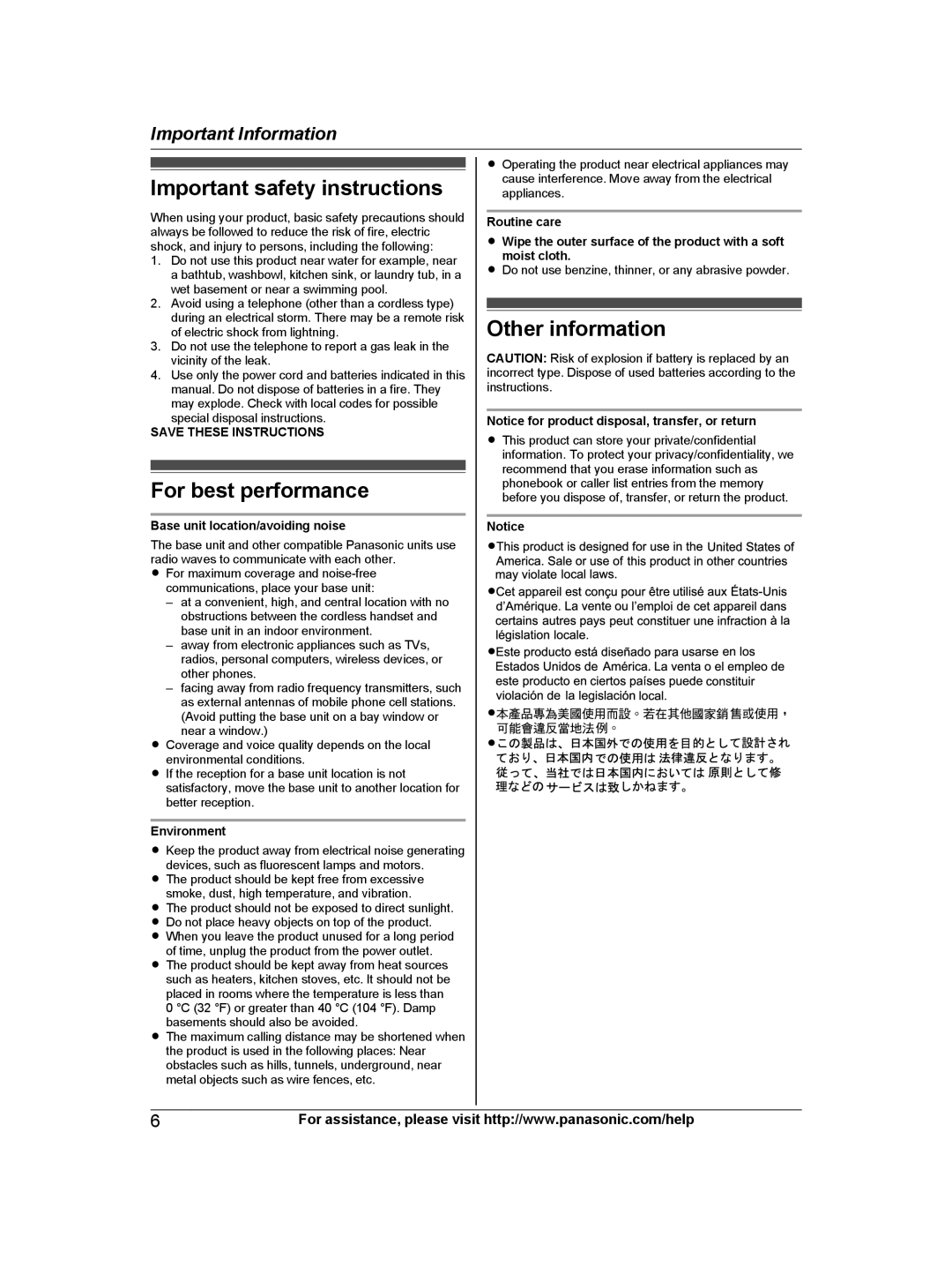 Panasonic KX-TG6672 Important safety instructions, For best performance, Other information, Important Information 