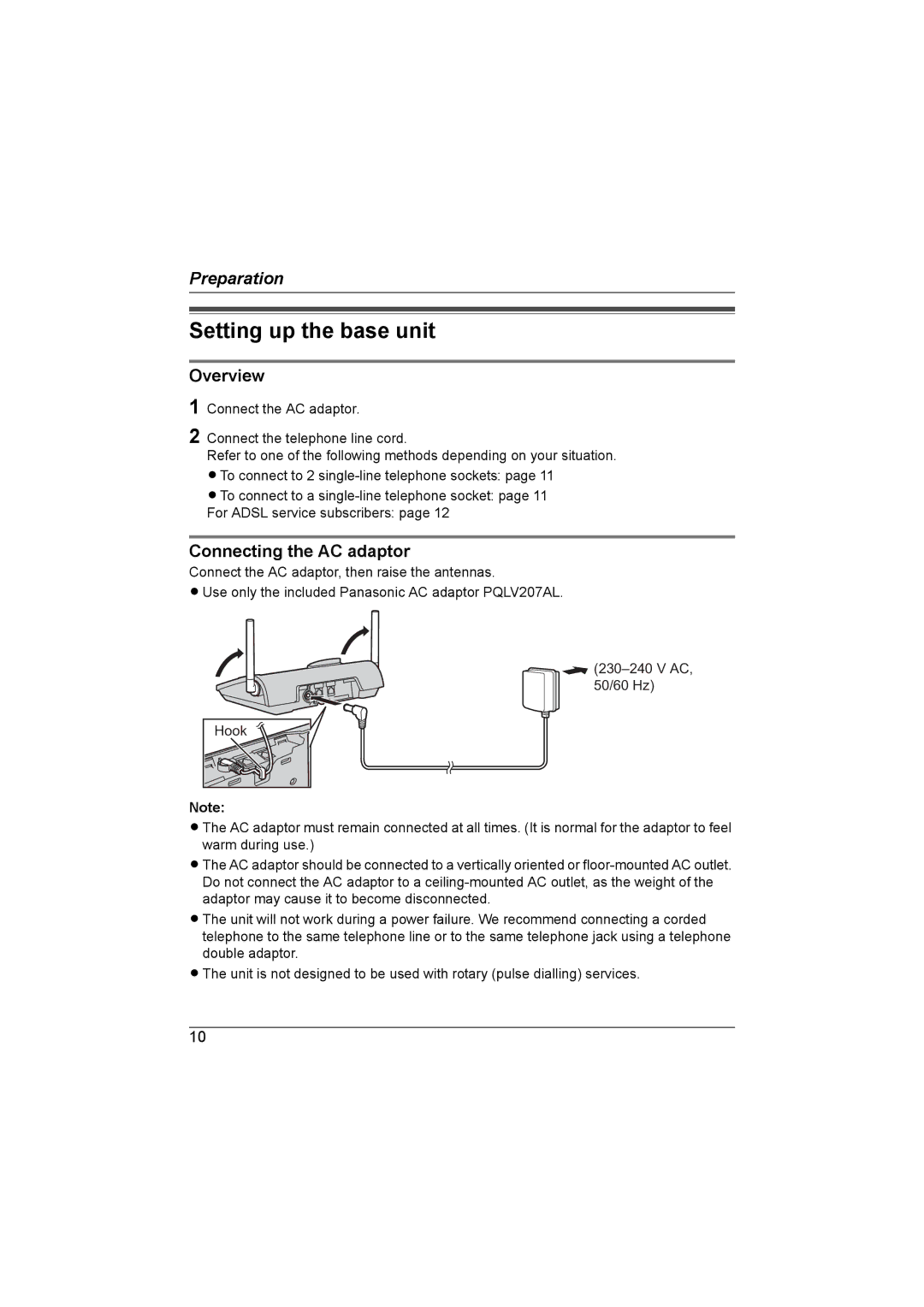 Panasonic KX-TG6700AL operating instructions Setting up the base unit, Overview, Connecting the AC adaptor 