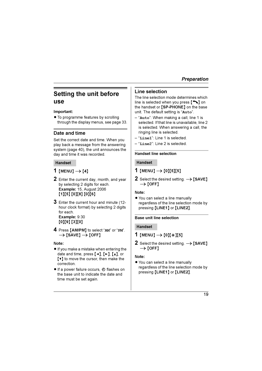 Panasonic KX-TG6700AL operating instructions Setting the unit before use, Date and time, Line selection 