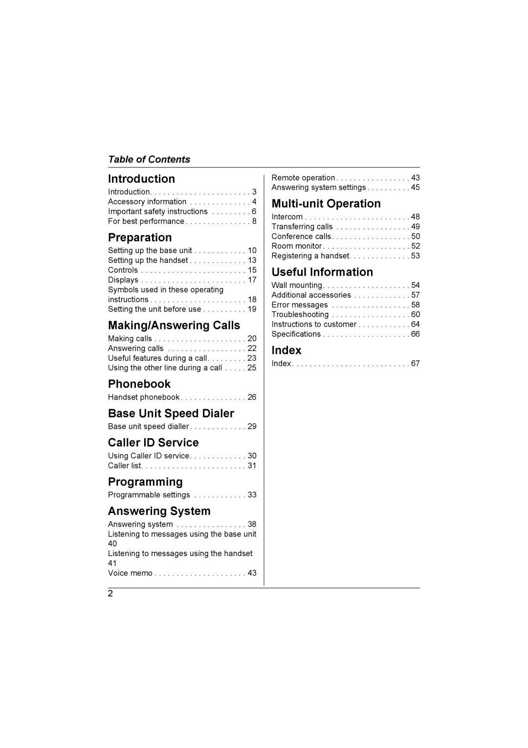 Panasonic KX-TG6700AL Handset phonebook, Base unit speed dialler, Using Caller ID service Caller list, Index 