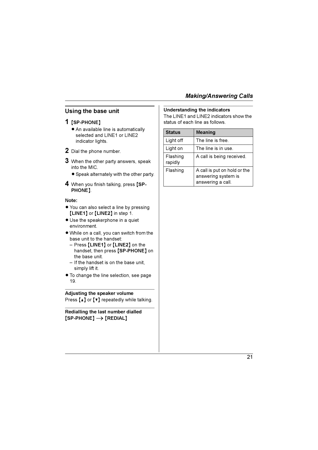 Panasonic KX-TG6700AL operating instructions Adjusting the speaker volume, Status Meaning 