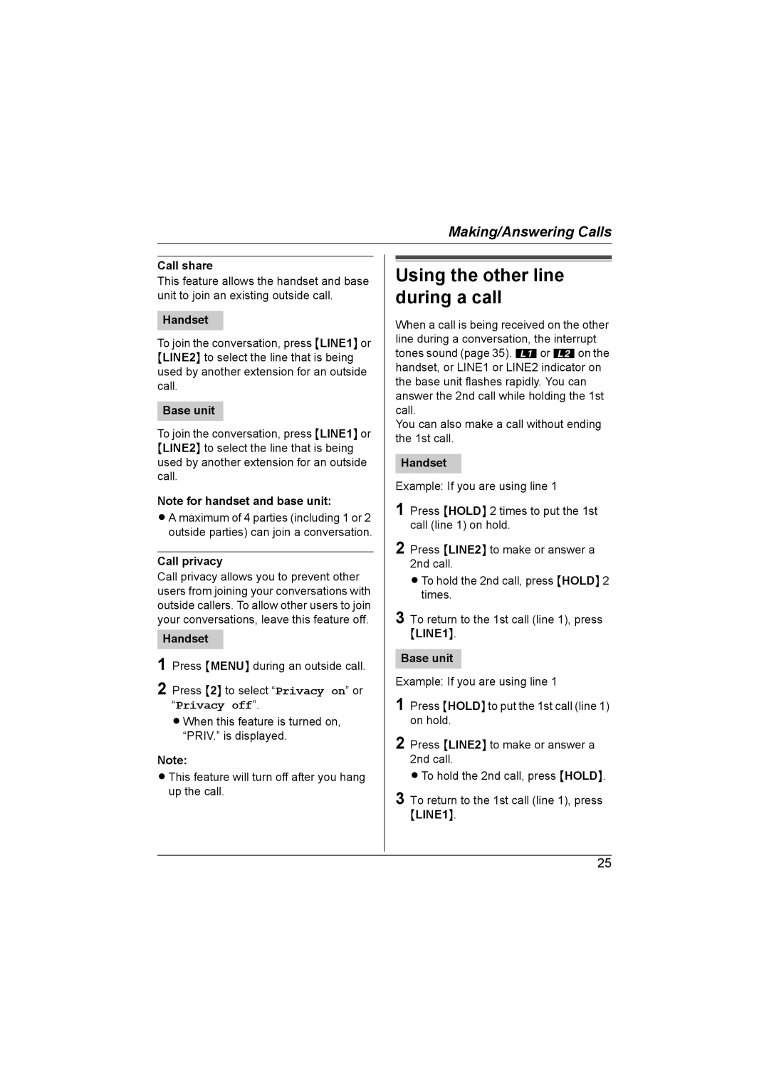 Panasonic KX-TG6700AL operating instructions Using the other line during a call, Call share, Call privacy 