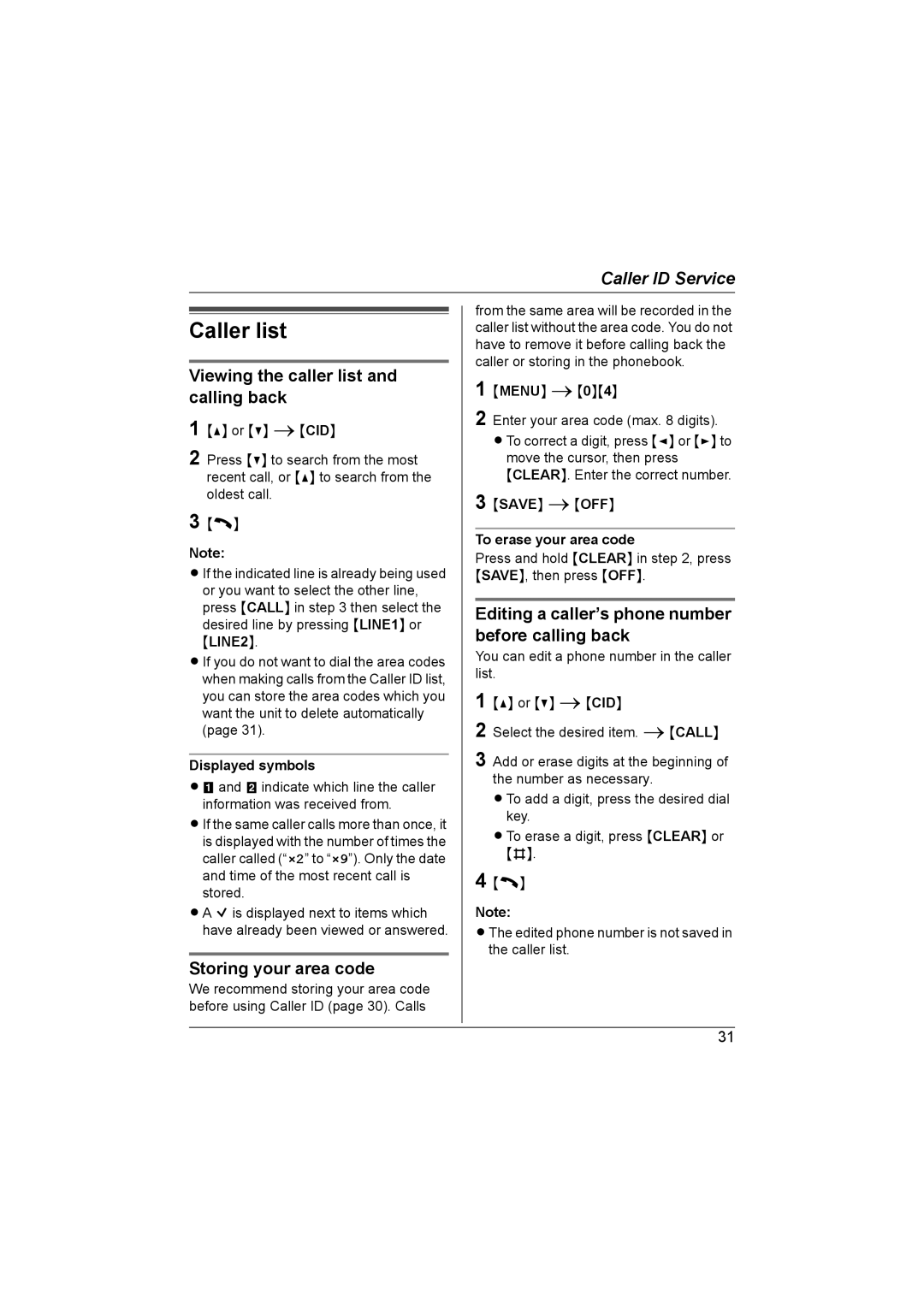 Panasonic KX-TG6700AL operating instructions Caller list, Viewing the caller list and calling back, Storing your area code 