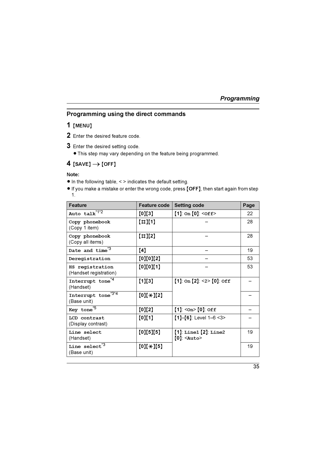 Panasonic KX-TG6700AL operating instructions Programming using the direct commands 1, Feature Feature code Setting code 