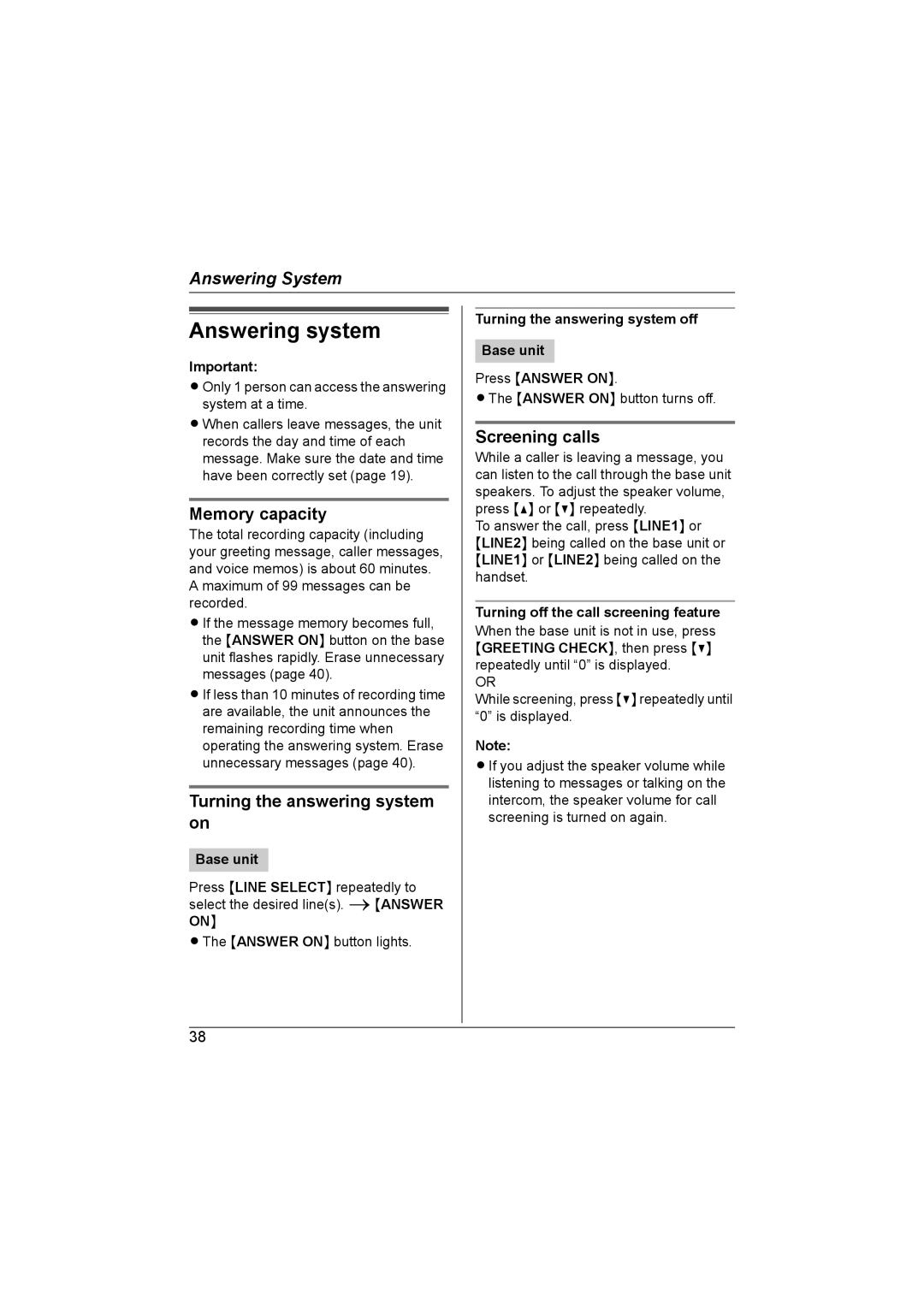 Panasonic KX-TG6700AL Answering system, Memory capacity, Turning the answering system on, Screening calls 