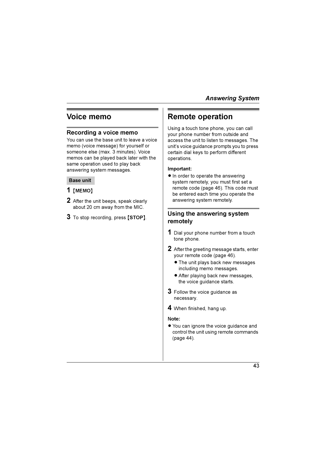 Panasonic KX-TG6700AL Voice memo, Remote operation, Recording a voice memo, Using the answering system remotely 