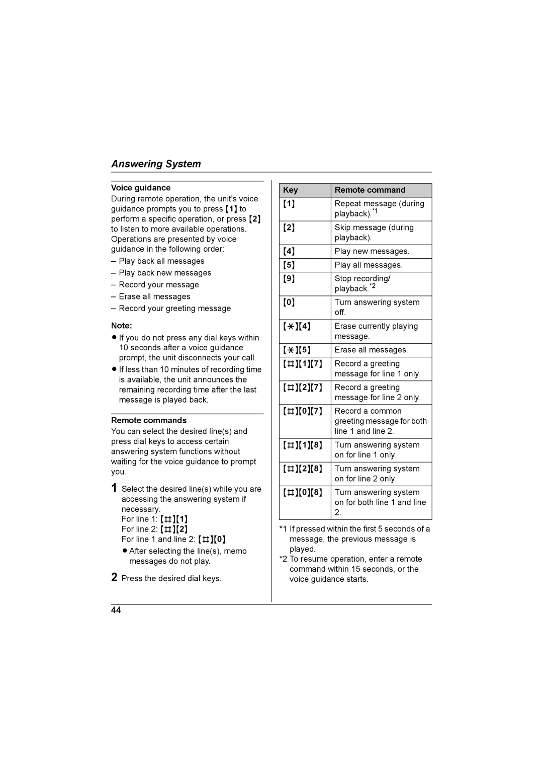 Panasonic KX-TG6700AL Remote commands, Key Remote command, Stop recording, Playback.*2, Line 1 and line 