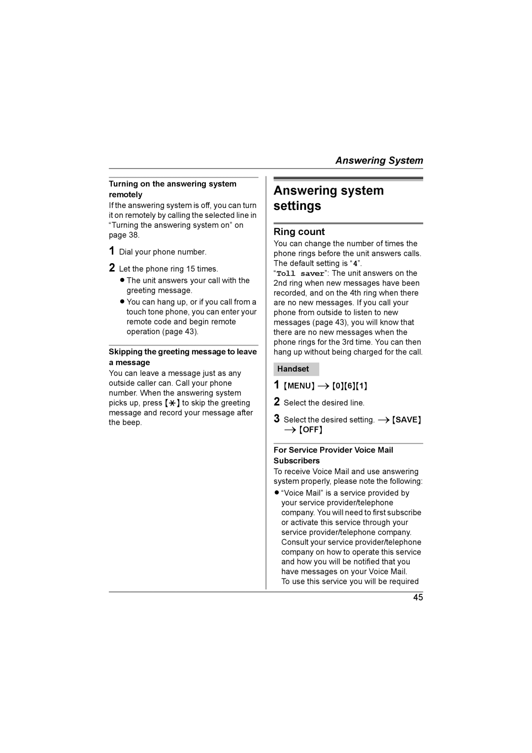 Panasonic KX-TG6700AL Answering system settings, Ring count, Turning on the answering system remotely 