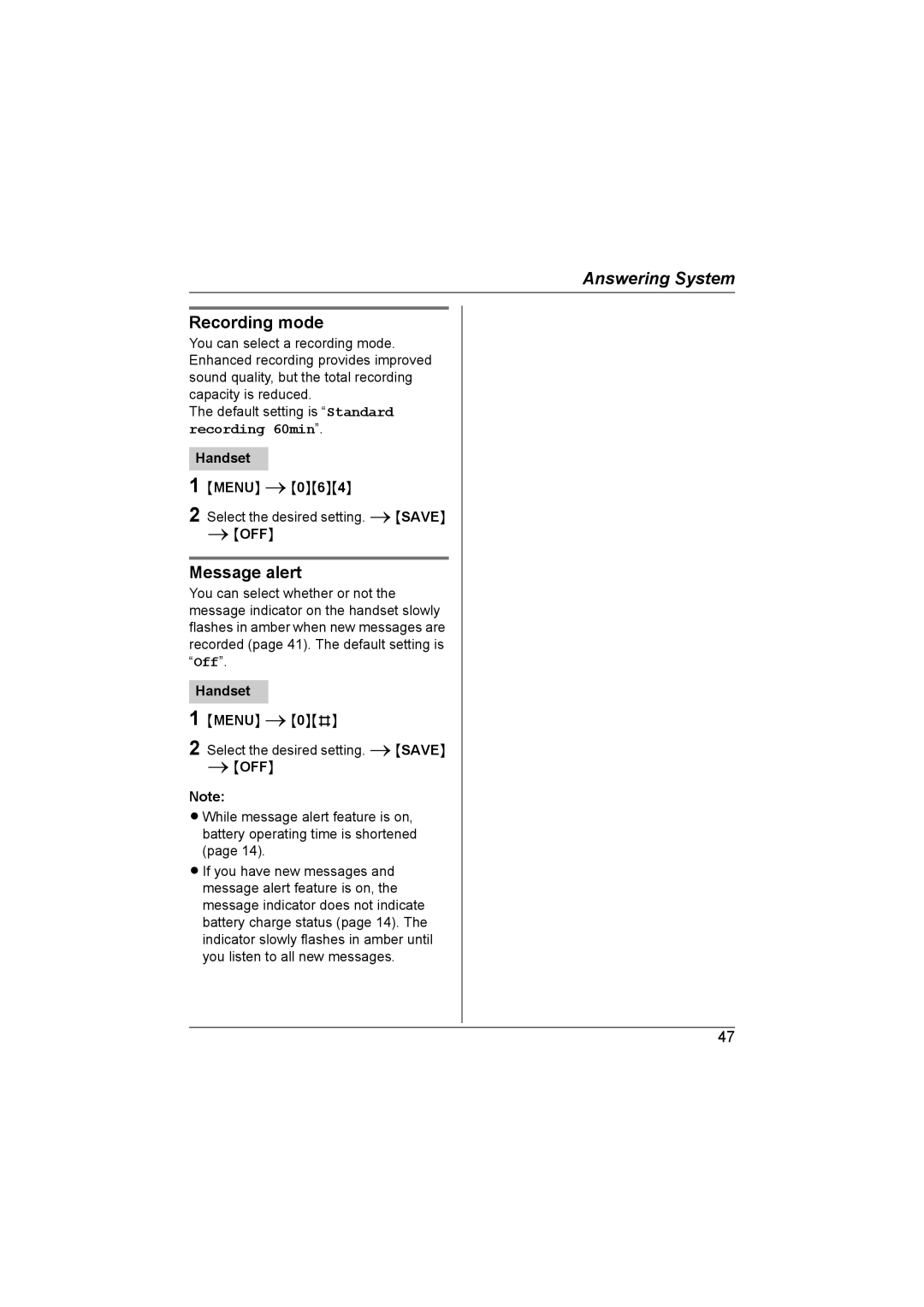 Panasonic KX-TG6700AL operating instructions Recording mode, Message alert, Menu i0# Select the desired setting. iSAVE 