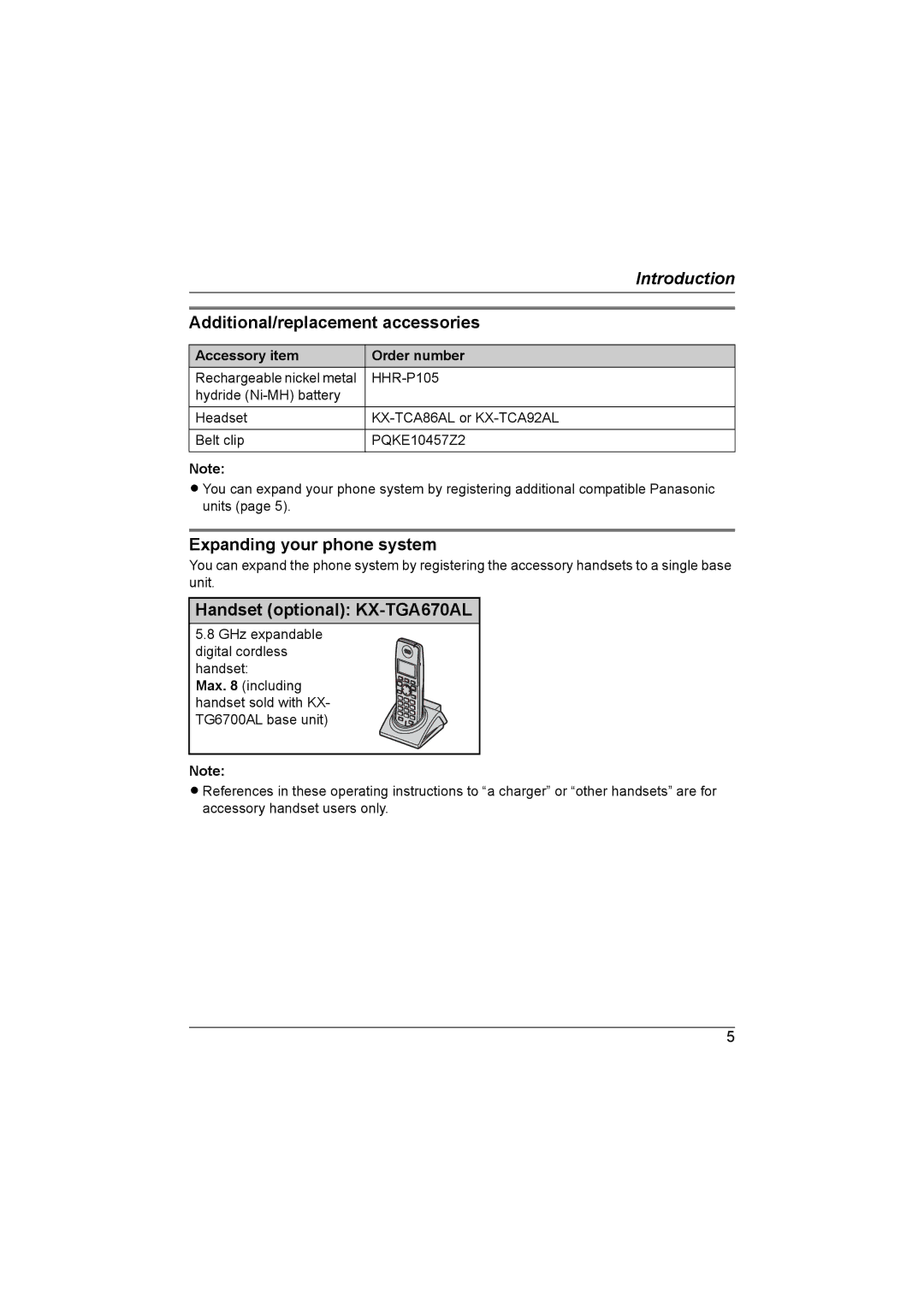 Panasonic KX-TG6700AL Additional/replacement accessories, Expanding your phone system, Handset optional KX-TGA670AL 