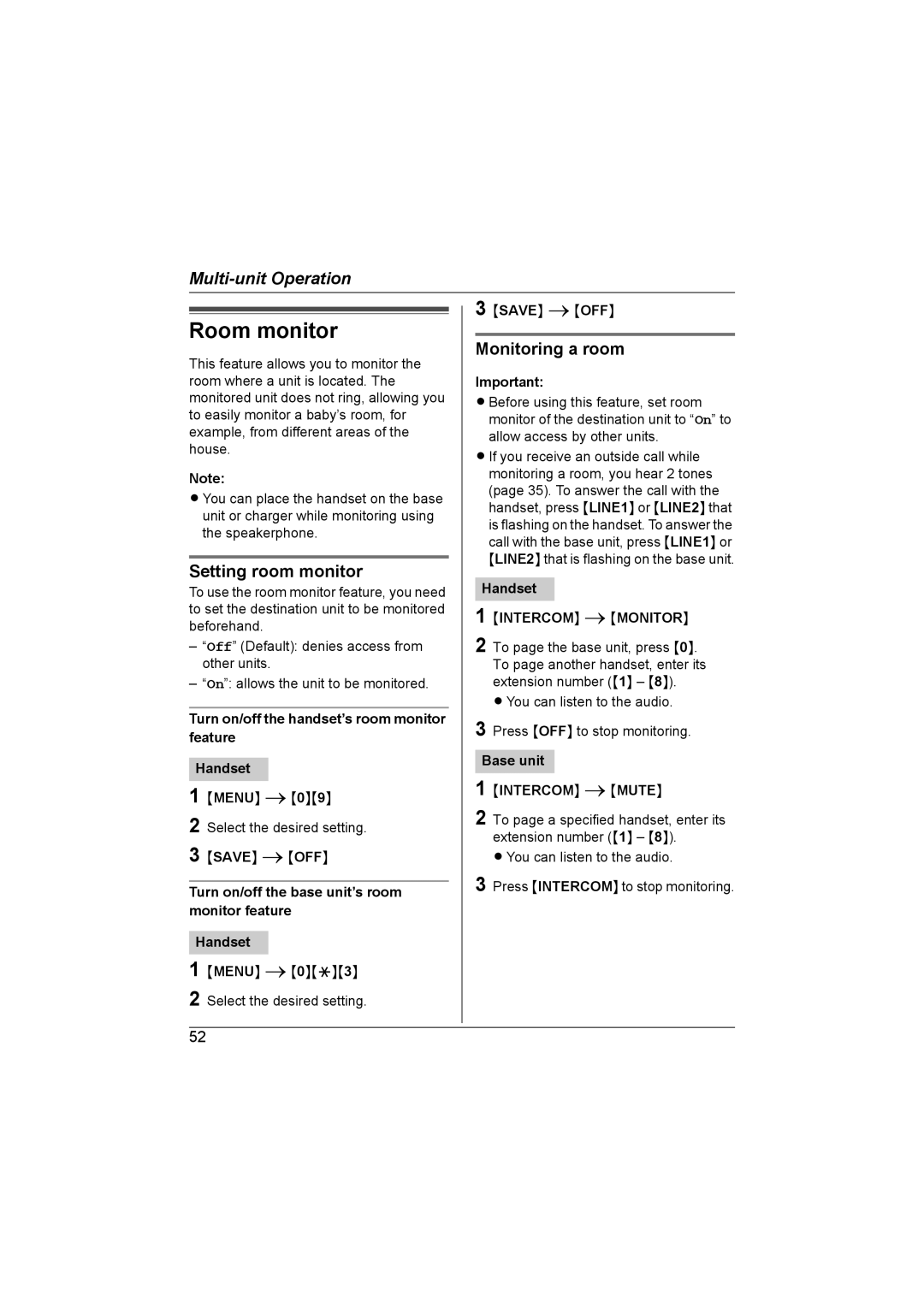 Panasonic KX-TG6700AL operating instructions Room monitor, Setting room monitor, Monitoring a room 