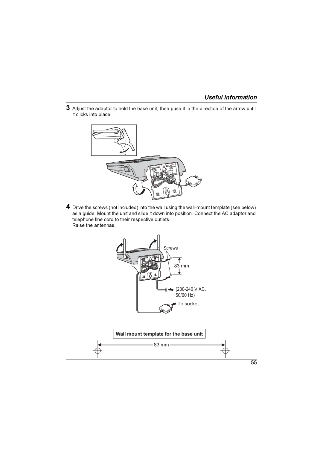 Panasonic KX-TG6700AL operating instructions Wall mount template for the base unit, 83 mm 