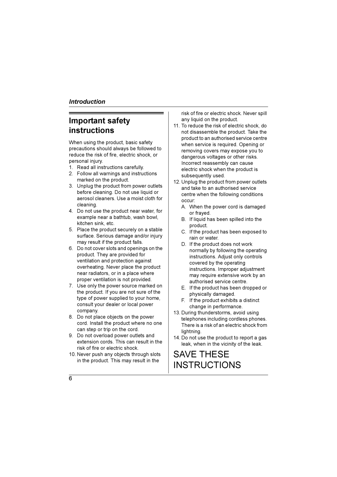 Panasonic KX-TG6700AL operating instructions Save These Instructions, Important safety instructions 