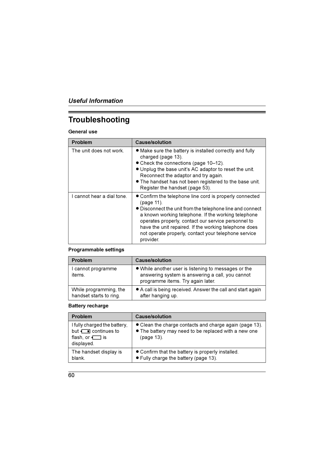 Panasonic KX-TG6700AL Troubleshooting, General use Problem Cause/solution, Programmable settings Problem Cause/solution 