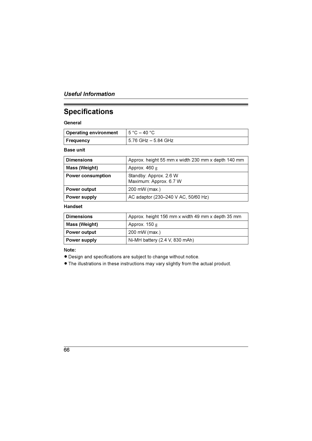 Panasonic KX-TG6700AL operating instructions Specifications 