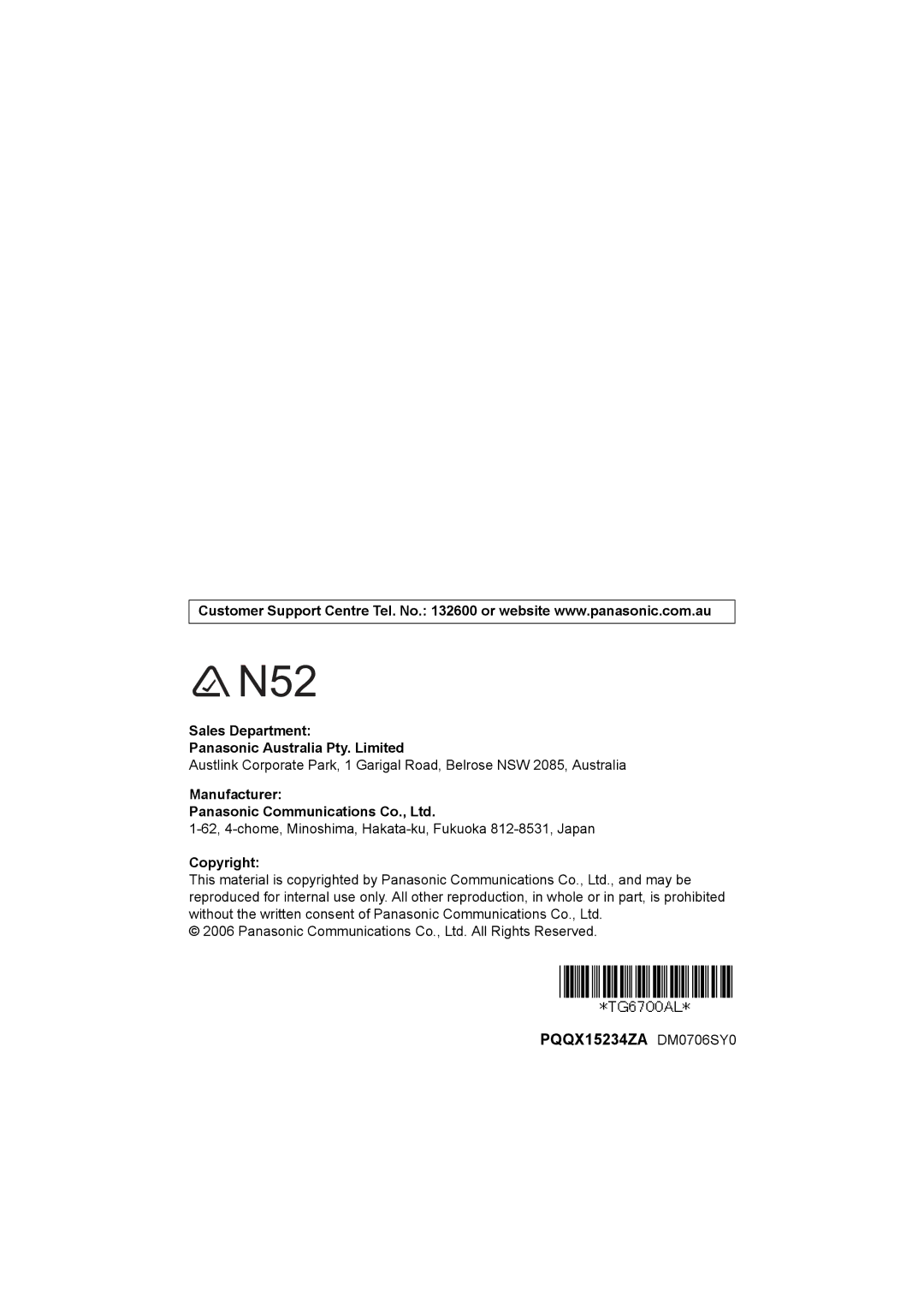 Panasonic KX-TG6700AL operating instructions Sales Department Panasonic Australia Pty. Limited, Manufacturer, Copyright 