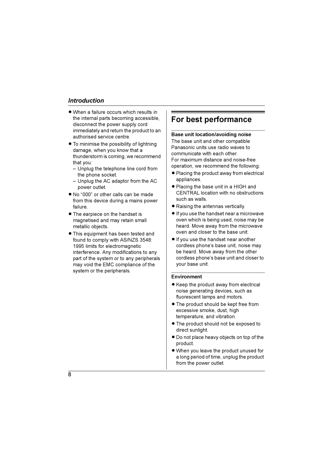 Panasonic KX-TG6700AL operating instructions For best performance, Base unit location/avoiding noise, Environment 